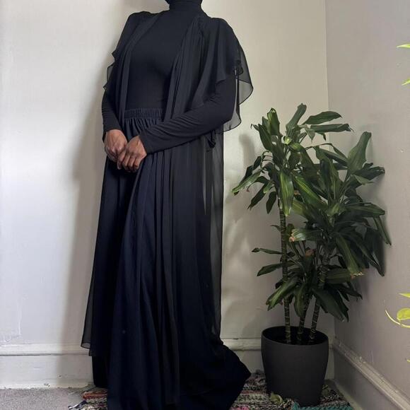 Vintage 90s black sheer lingerie maxi‎ dress ruffle floral cardigan - Picture 3 of 8